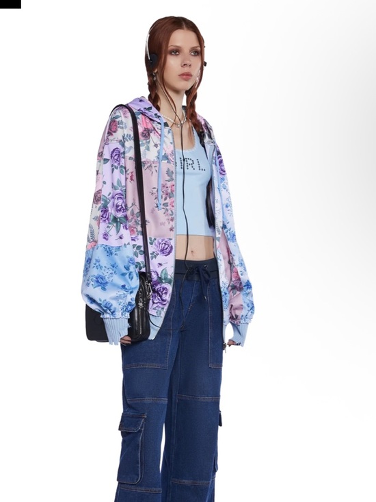 dELiA*s Jackets & Blazers - dELiA*s Pastel Patchwork Floral Shades Of Cool Zip Hoodie Pink Blue S NWOT